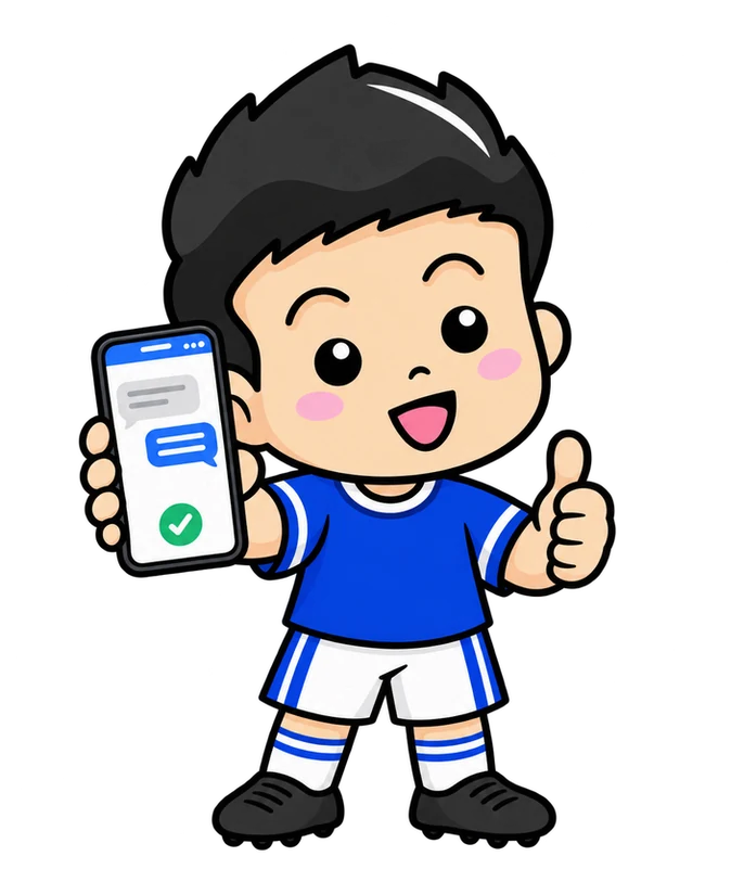 The MyBola mascot, a young footballer, holding up his phone with a thumbs up