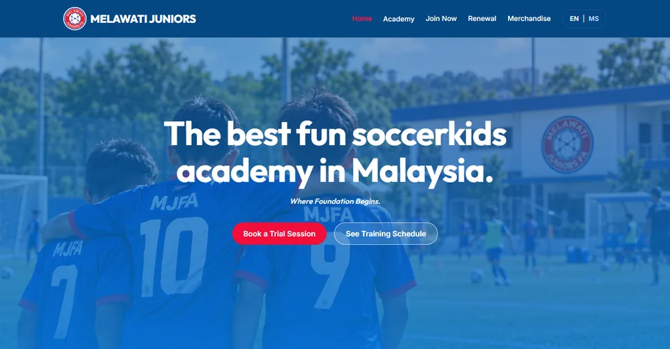 The Melawati Juniors FA website home page, built by MyBola